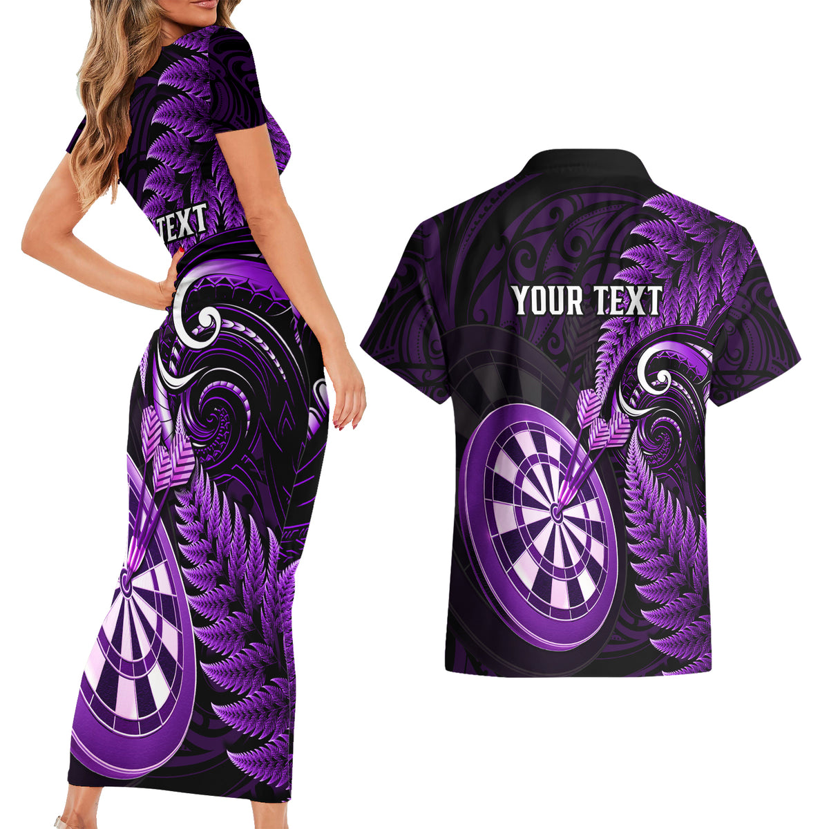 Personalised New Zealand Darts Couples Matching Short Sleeve Bodycon Dress and Hawaiian Shirt Happiness Is A Tight Threesome Maori Purple - Wonder Print Shop