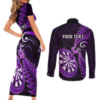 Personalised New Zealand Darts Couples Matching Short Sleeve Bodycon Dress and Long Sleeve Button Shirts Happiness Is A Tight Threesome Maori Purple - Wonder Print Shop
