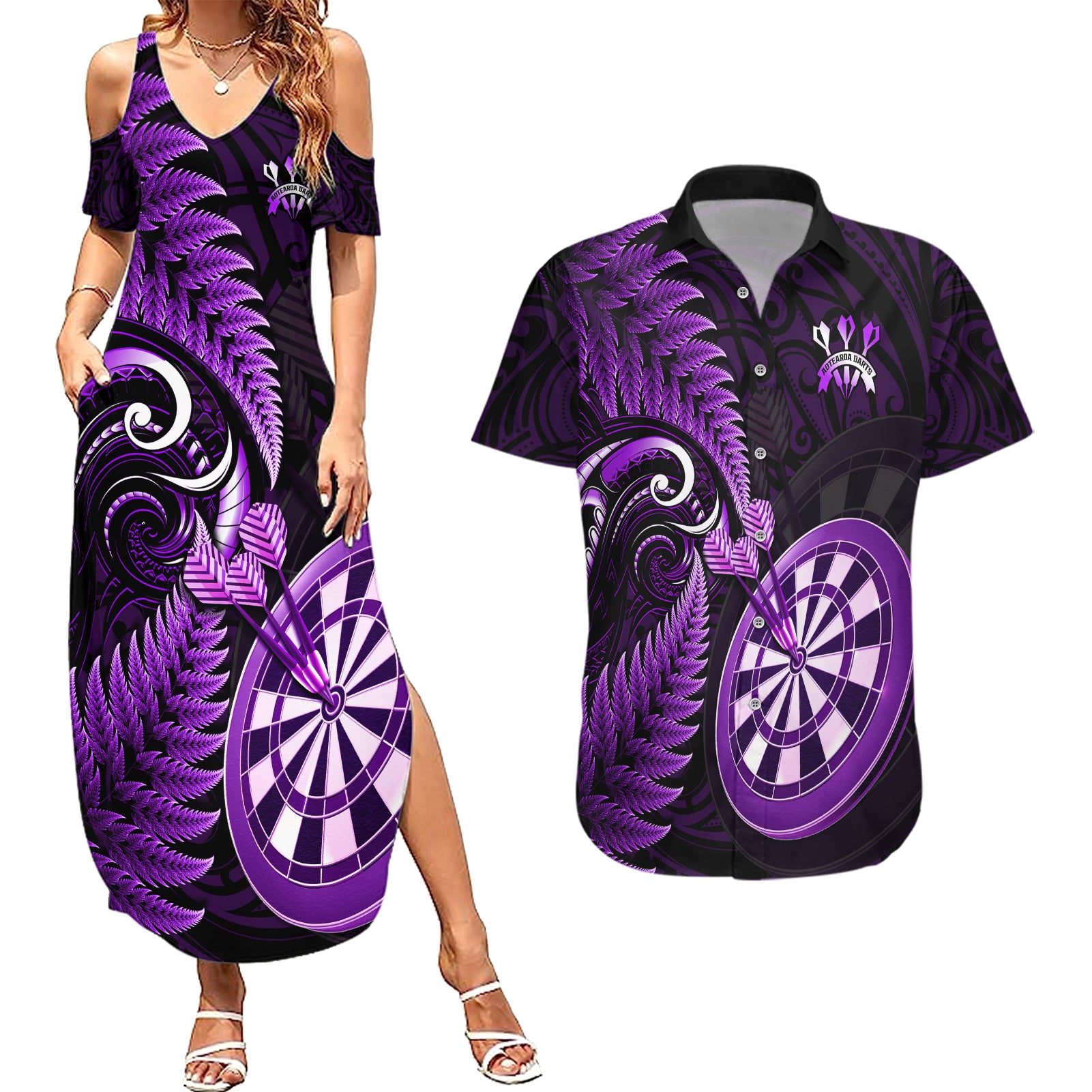 Personalised New Zealand Darts Couples Matching Summer Maxi Dress and Hawaiian Shirt Happiness Is A Tight Threesome Maori Purple - Wonder Print Shop