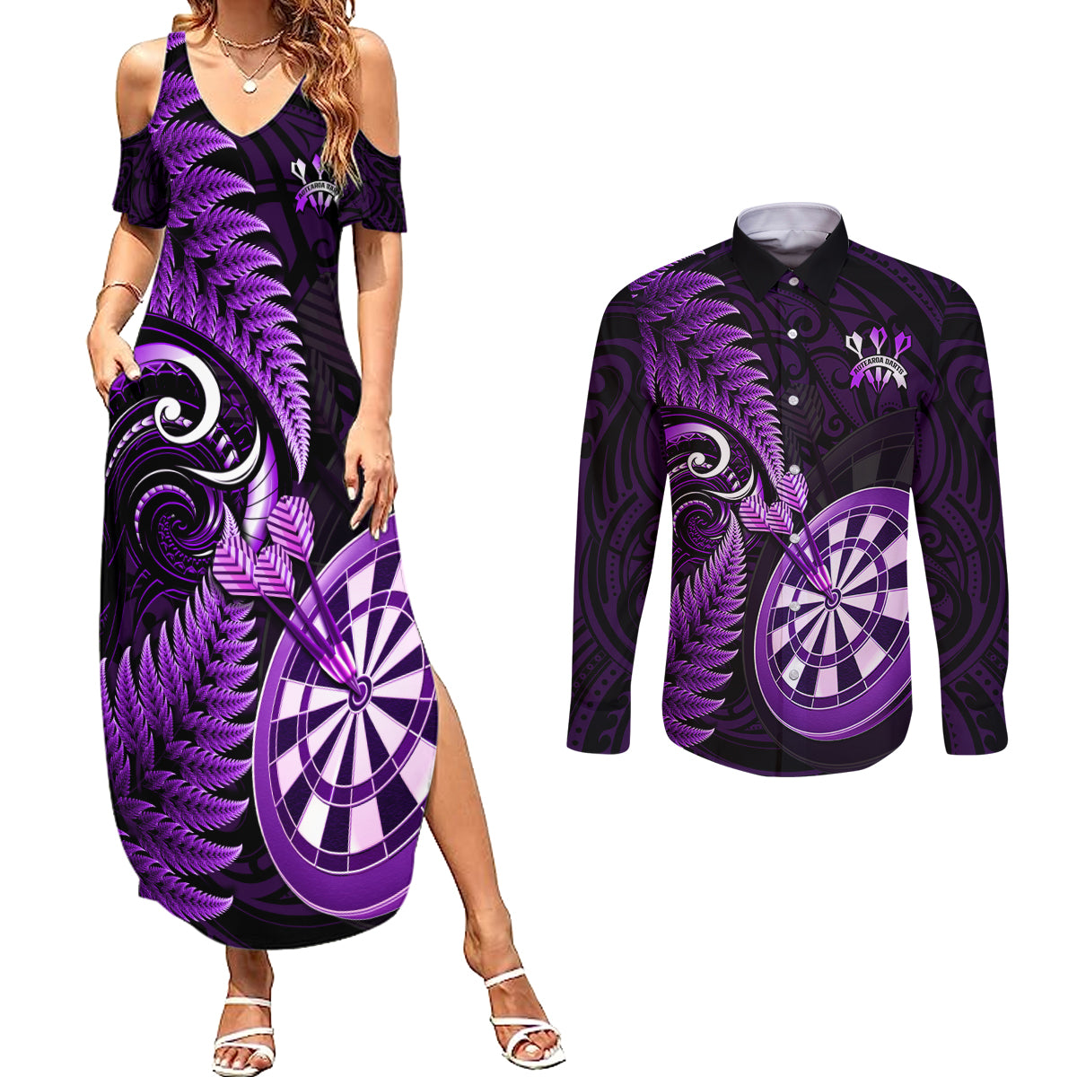 Personalised New Zealand Darts Couples Matching Summer Maxi Dress and Long Sleeve Button Shirts Happiness Is A Tight Threesome Maori Purple - Wonder Print Shop