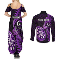 Personalised New Zealand Darts Couples Matching Summer Maxi Dress and Long Sleeve Button Shirts Happiness Is A Tight Threesome Maori Purple - Wonder Print Shop