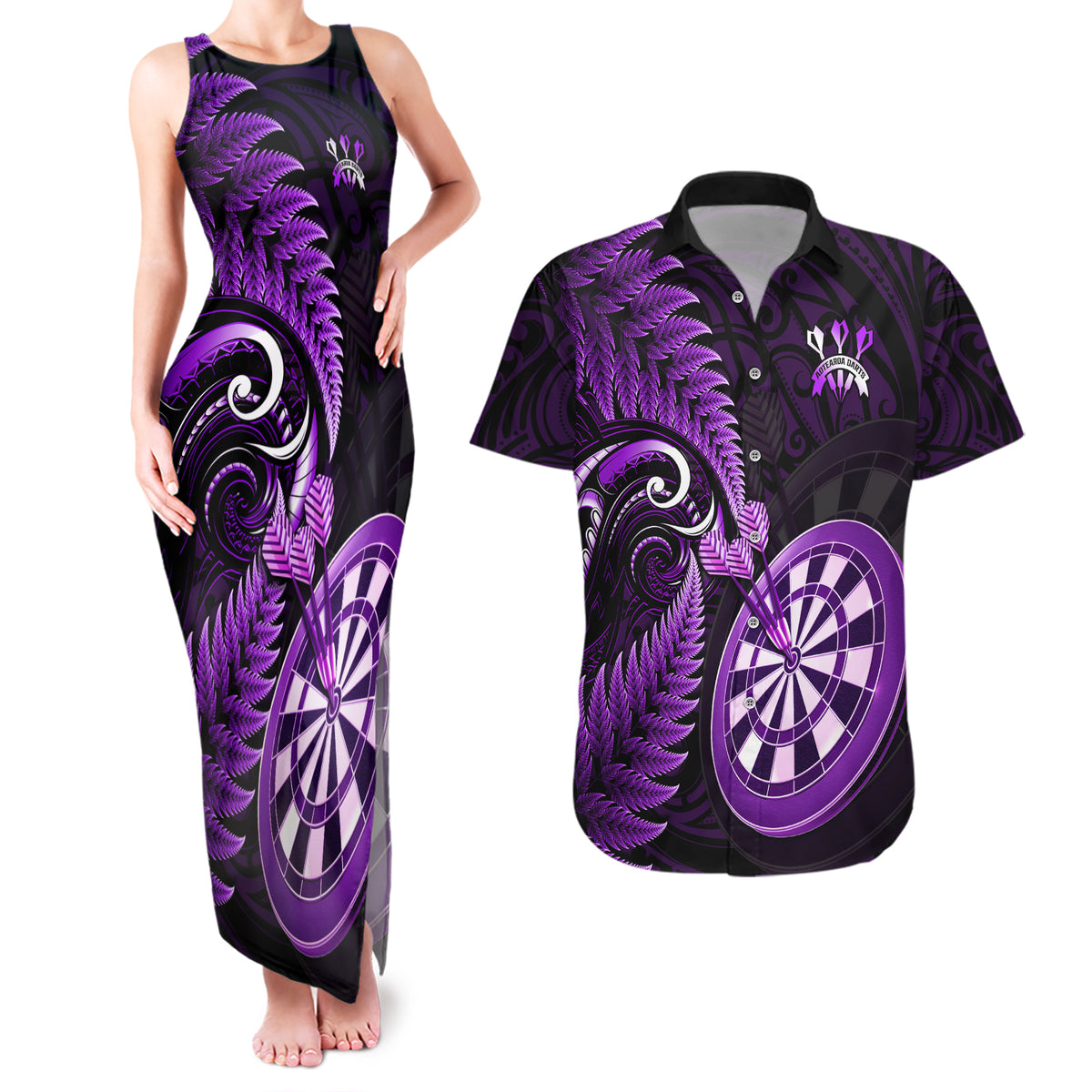 Personalised New Zealand Darts Couples Matching Tank Maxi Dress and Hawaiian Shirt Happiness Is A Tight Threesome Maori Purple - Wonder Print Shop