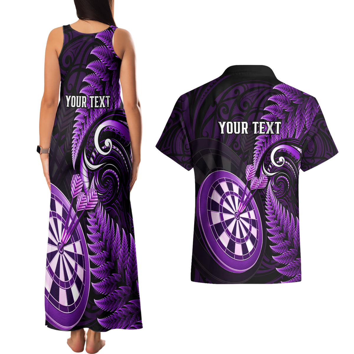 Personalised New Zealand Darts Couples Matching Tank Maxi Dress and Hawaiian Shirt Happiness Is A Tight Threesome Maori Purple - Wonder Print Shop