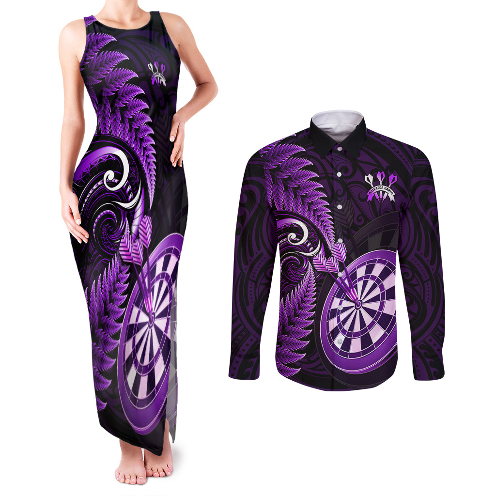 Personalised New Zealand Darts Couples Matching Tank Maxi Dress and Long Sleeve Button Shirts Happiness Is A Tight Threesome Maori Purple - Wonder Print Shop