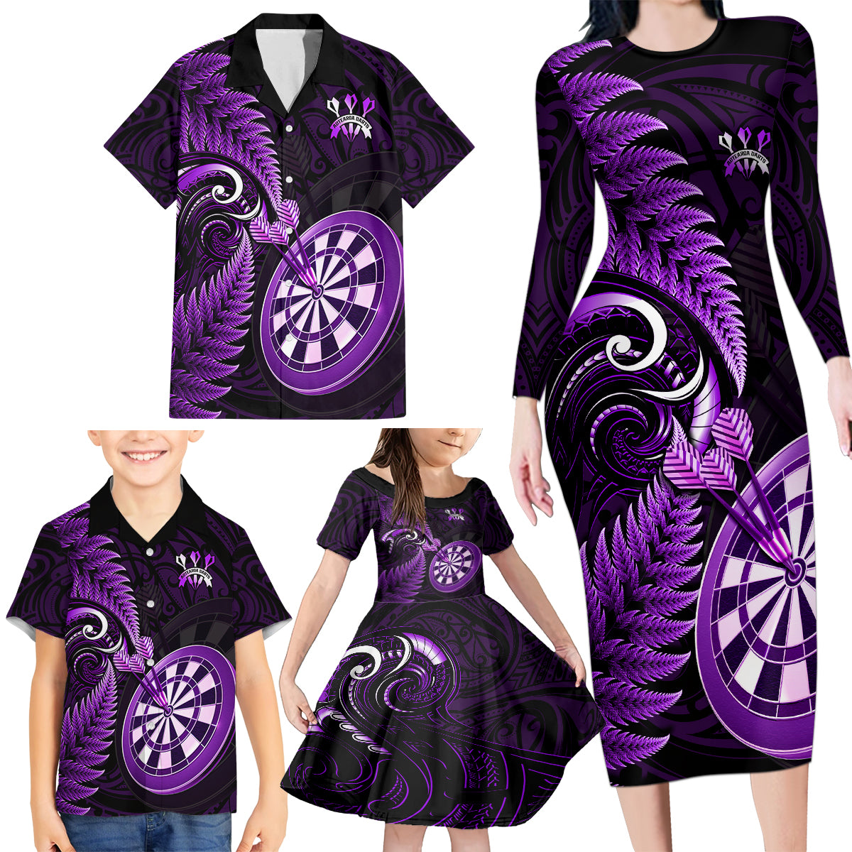 Personalised New Zealand Darts Family Matching Long Sleeve Bodycon Dress and Hawaiian Shirt Happiness Is A Tight Threesome Maori Purple - Wonder Print Shop