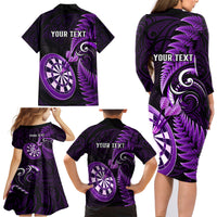 Personalised New Zealand Darts Family Matching Long Sleeve Bodycon Dress and Hawaiian Shirt Happiness Is A Tight Threesome Maori Purple - Wonder Print Shop