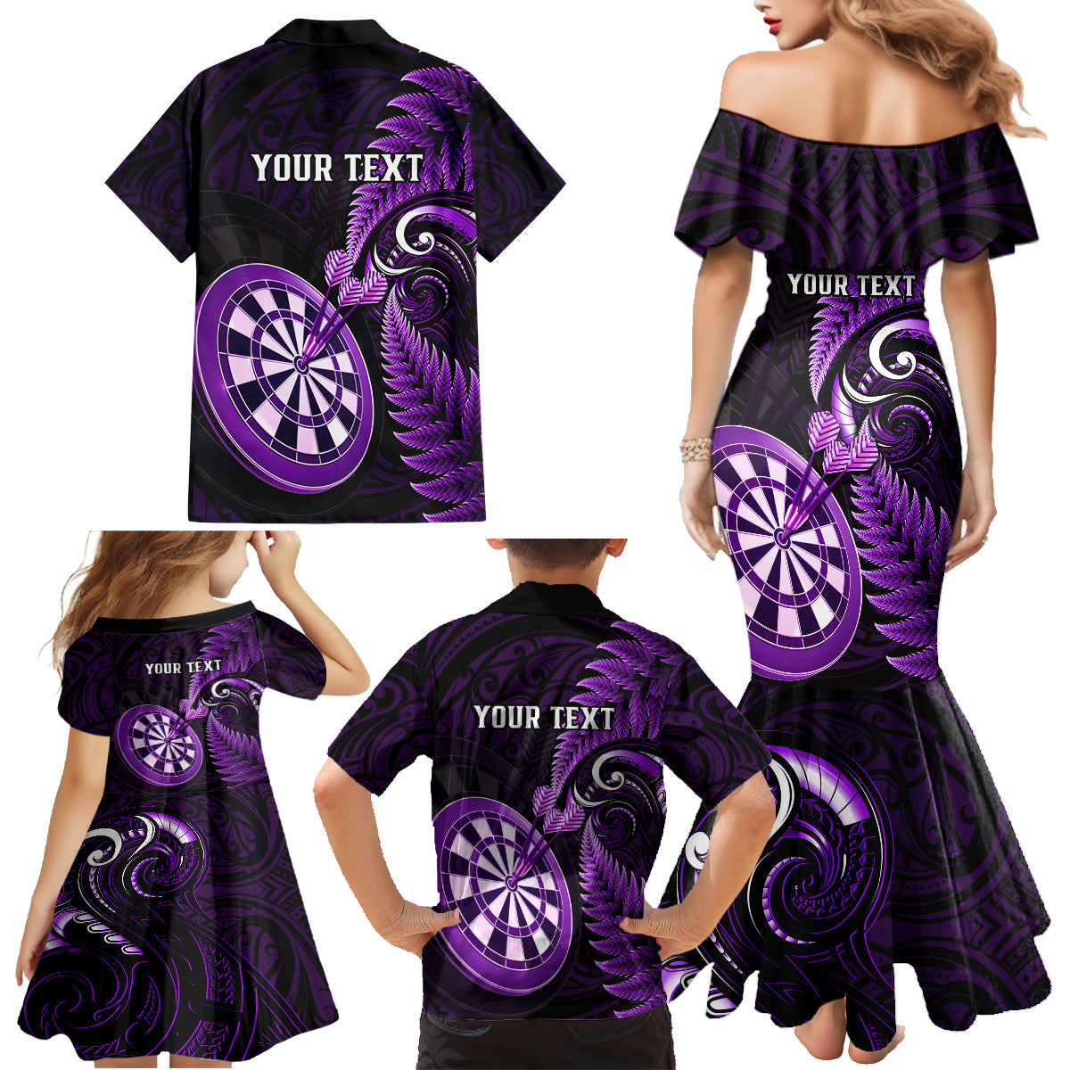 Personalised New Zealand Darts Family Matching Mermaid Dress and Hawaiian Shirt Happiness Is A Tight Threesome Maori Purple - Wonder Print Shop