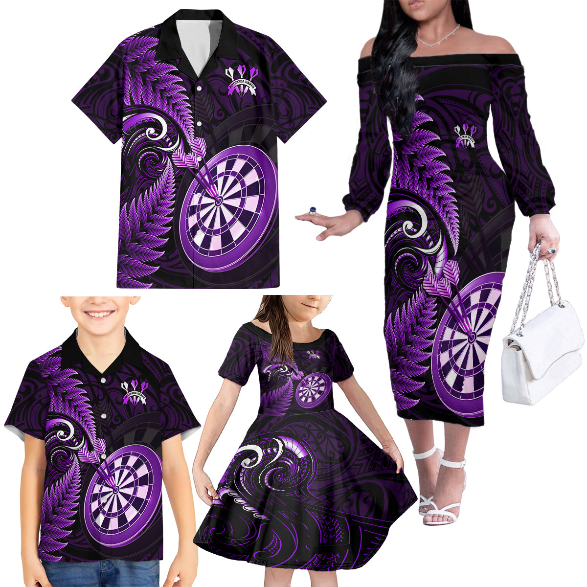 Personalised New Zealand Darts Family Matching Off Shoulder Long Sleeve Dress and Hawaiian Shirt Happiness Is A Tight Threesome Maori Purple - Wonder Print Shop