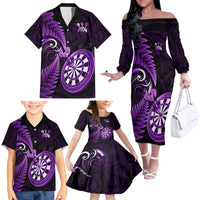 Personalised New Zealand Darts Family Matching Off Shoulder Long Sleeve Dress and Hawaiian Shirt Happiness Is A Tight Threesome Maori Purple - Wonder Print Shop