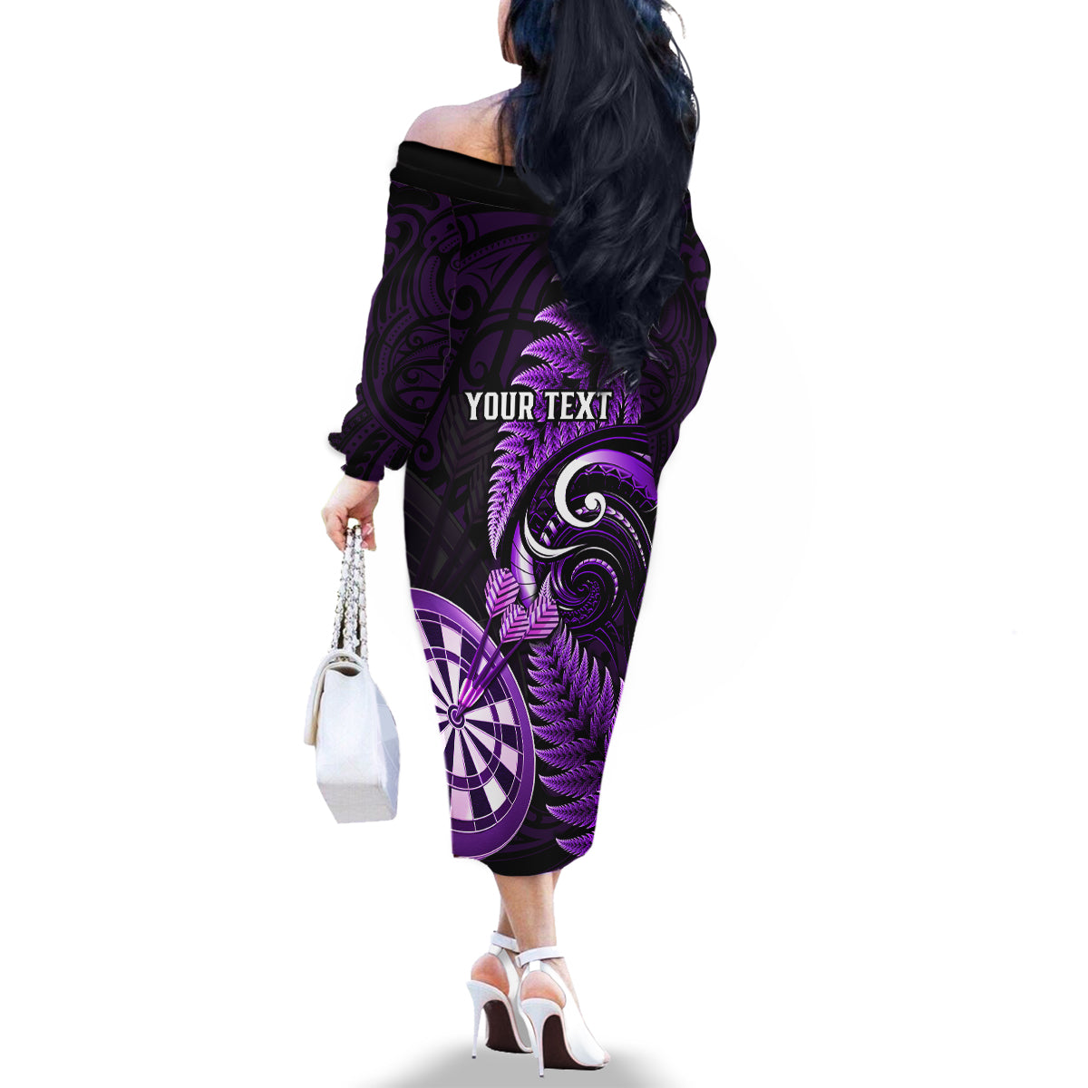 Personalised New Zealand Darts Family Matching Off Shoulder Long Sleeve Dress and Hawaiian Shirt Happiness Is A Tight Threesome Maori Purple - Wonder Print Shop