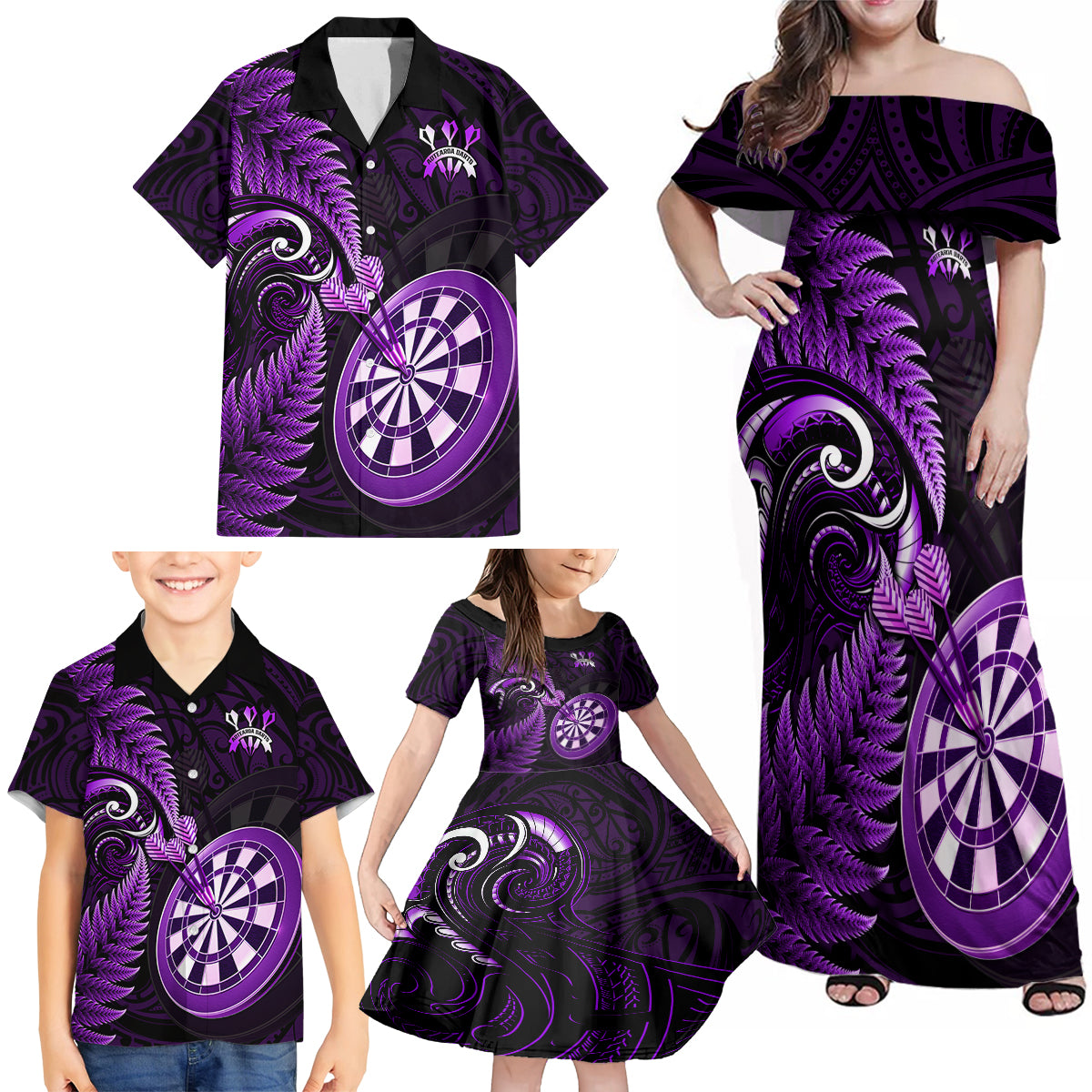 Personalised New Zealand Darts Family Matching Off Shoulder Maxi Dress and Hawaiian Shirt Happiness Is A Tight Threesome Maori Purple - Wonder Print Shop