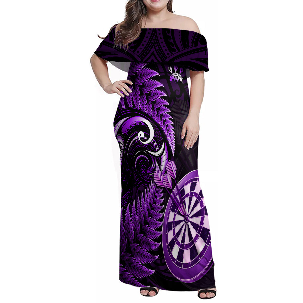 Personalised New Zealand Darts Family Matching Off Shoulder Maxi Dress and Hawaiian Shirt Happiness Is A Tight Threesome Maori Purple - Wonder Print Shop