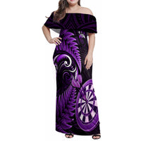 Personalised New Zealand Darts Family Matching Off Shoulder Maxi Dress and Hawaiian Shirt Happiness Is A Tight Threesome Maori Purple - Wonder Print Shop