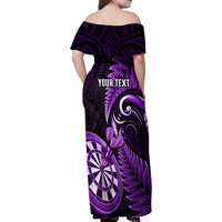 Personalised New Zealand Darts Family Matching Off Shoulder Maxi Dress and Hawaiian Shirt Happiness Is A Tight Threesome Maori Purple - Wonder Print Shop