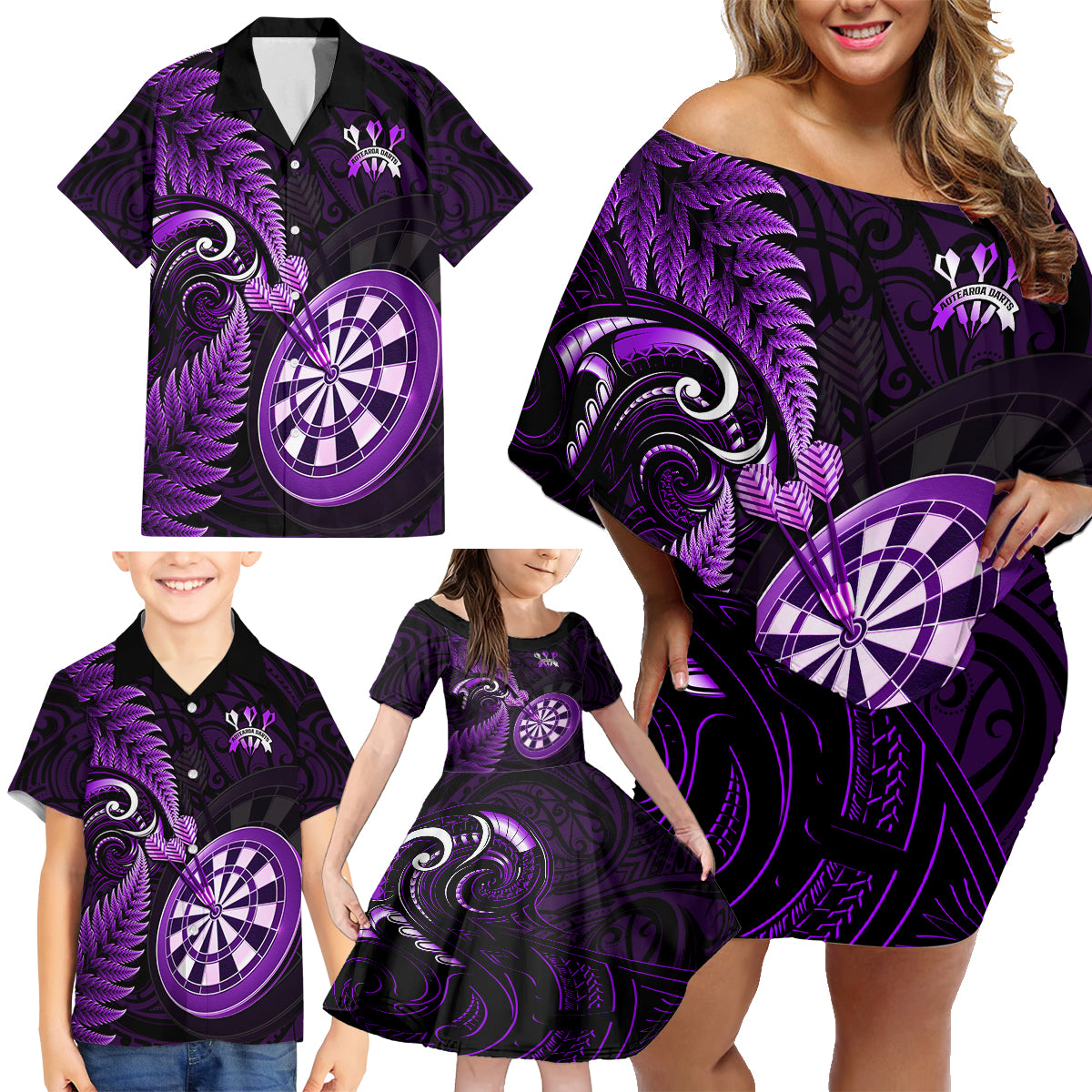 Personalised New Zealand Darts Family Matching Off Shoulder Short Dress and Hawaiian Shirt Happiness Is A Tight Threesome Maori Purple - Wonder Print Shop