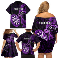 Personalised New Zealand Darts Family Matching Off Shoulder Short Dress and Hawaiian Shirt Happiness Is A Tight Threesome Maori Purple - Wonder Print Shop