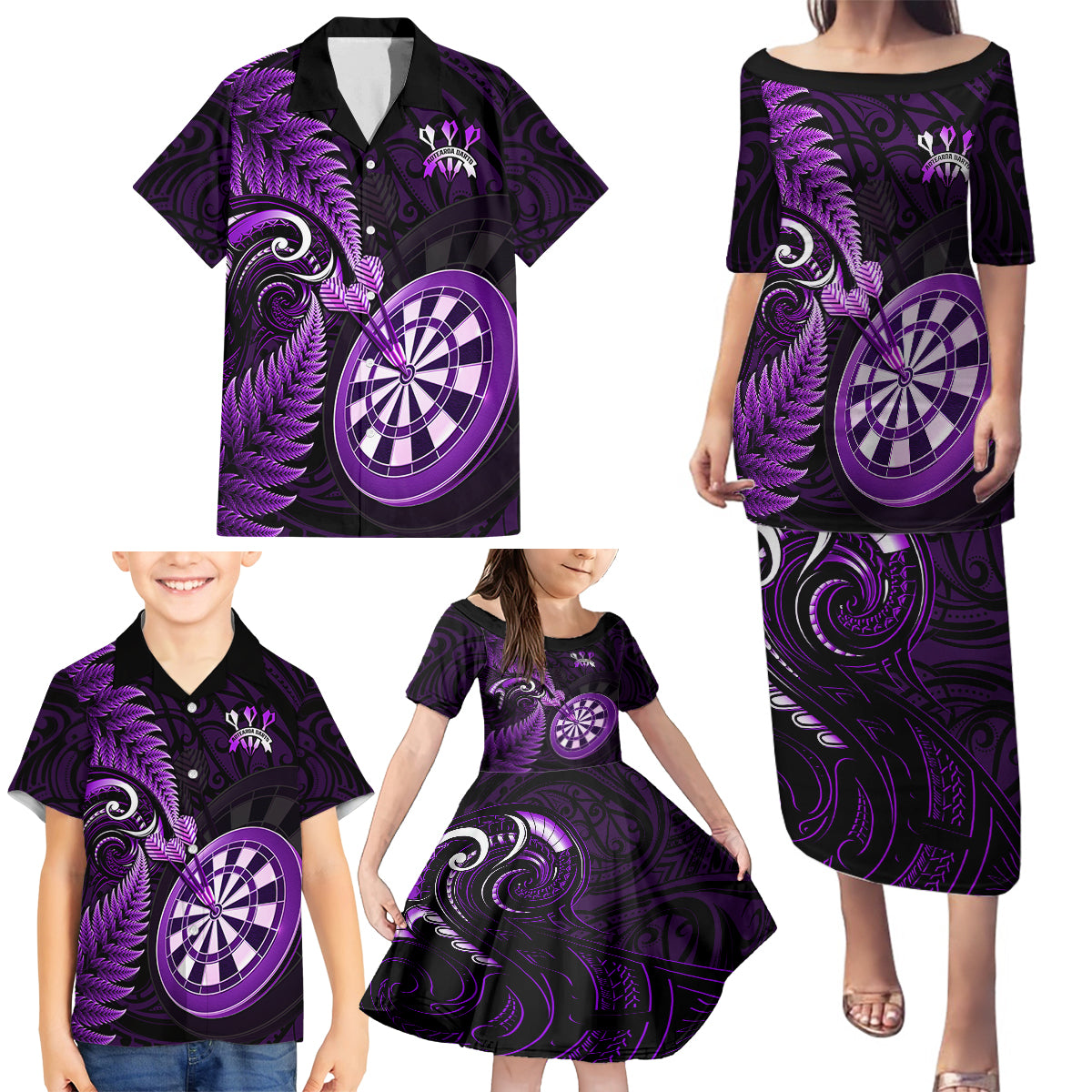 Personalised New Zealand Darts Family Matching Puletasi Dress and Hawaiian Shirt Happiness Is A Tight Threesome Maori Purple - Wonder Print Shop