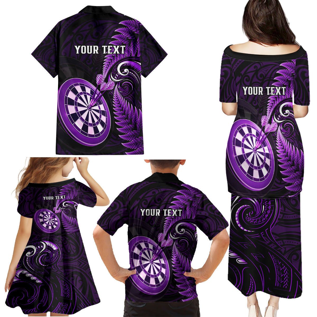 Personalised New Zealand Darts Family Matching Puletasi Dress and Hawaiian Shirt Happiness Is A Tight Threesome Maori Purple - Wonder Print Shop