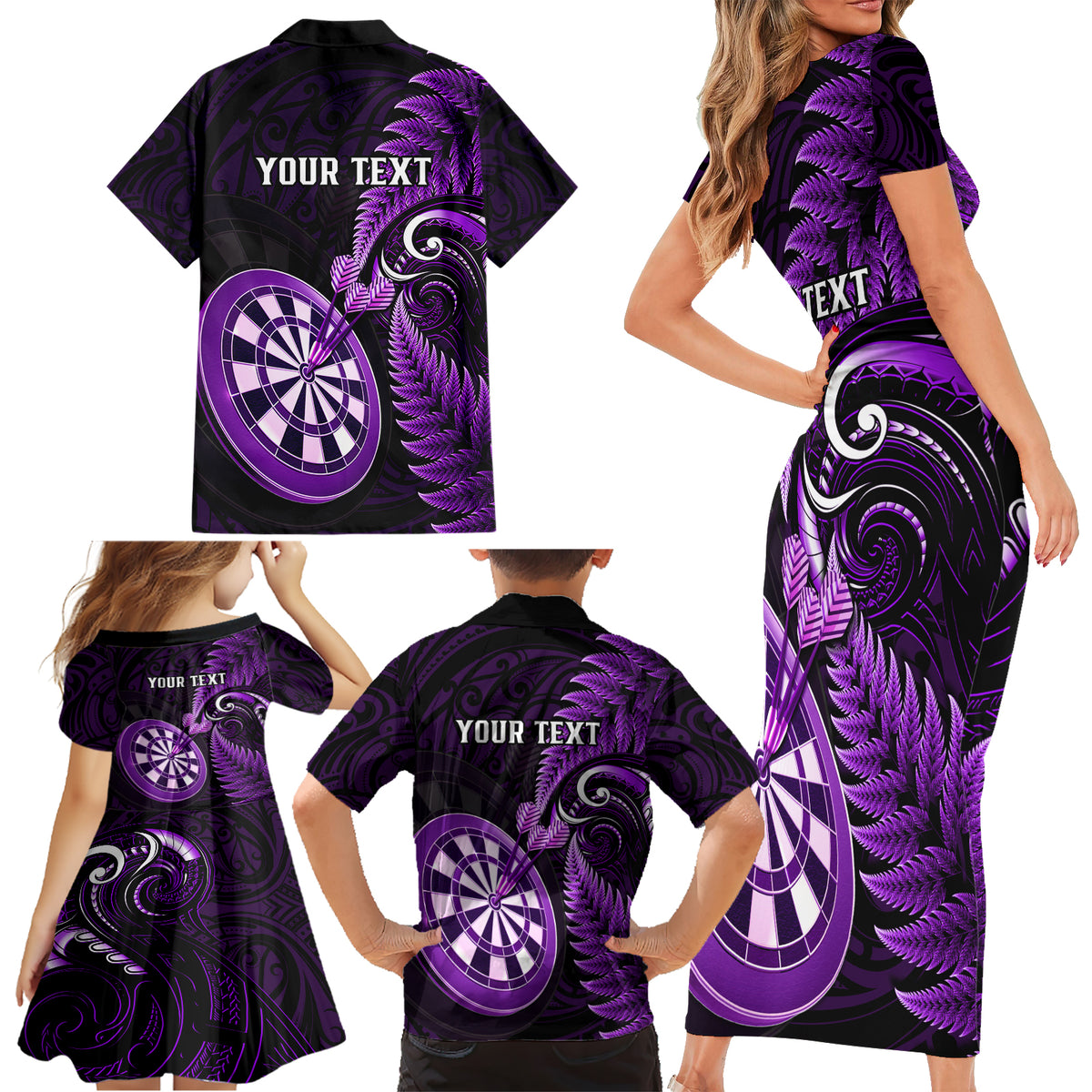 Personalised New Zealand Darts Family Matching Short Sleeve Bodycon Dress and Hawaiian Shirt Happiness Is A Tight Threesome Maori Purple - Wonder Print Shop