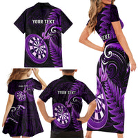 Personalised New Zealand Darts Family Matching Short Sleeve Bodycon Dress and Hawaiian Shirt Happiness Is A Tight Threesome Maori Purple - Wonder Print Shop