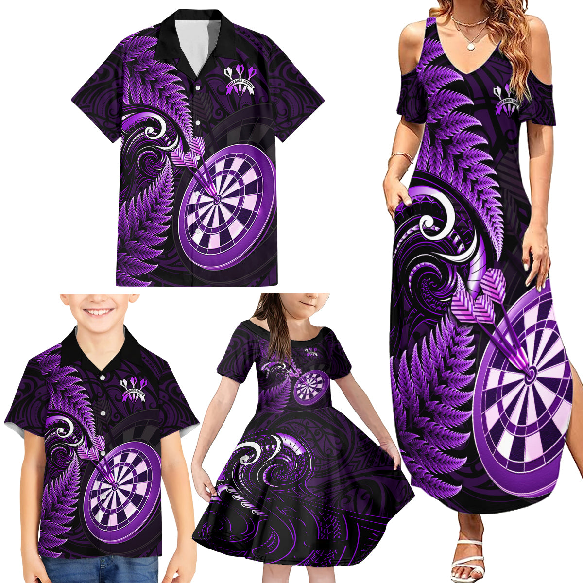 Personalised New Zealand Darts Family Matching Summer Maxi Dress and Hawaiian Shirt Happiness Is A Tight Threesome Maori Purple - Wonder Print Shop