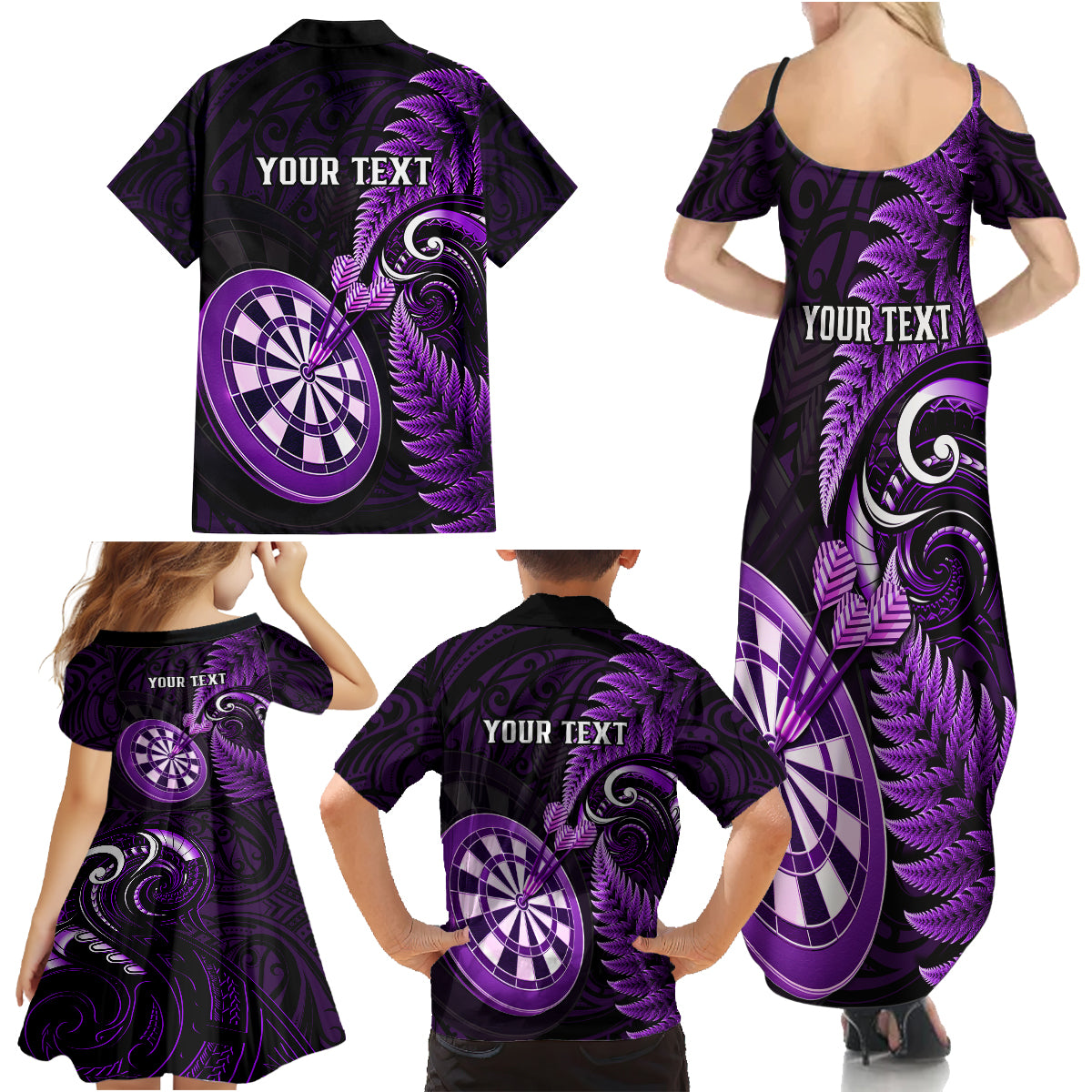 Personalised New Zealand Darts Family Matching Summer Maxi Dress and Hawaiian Shirt Happiness Is A Tight Threesome Maori Purple - Wonder Print Shop