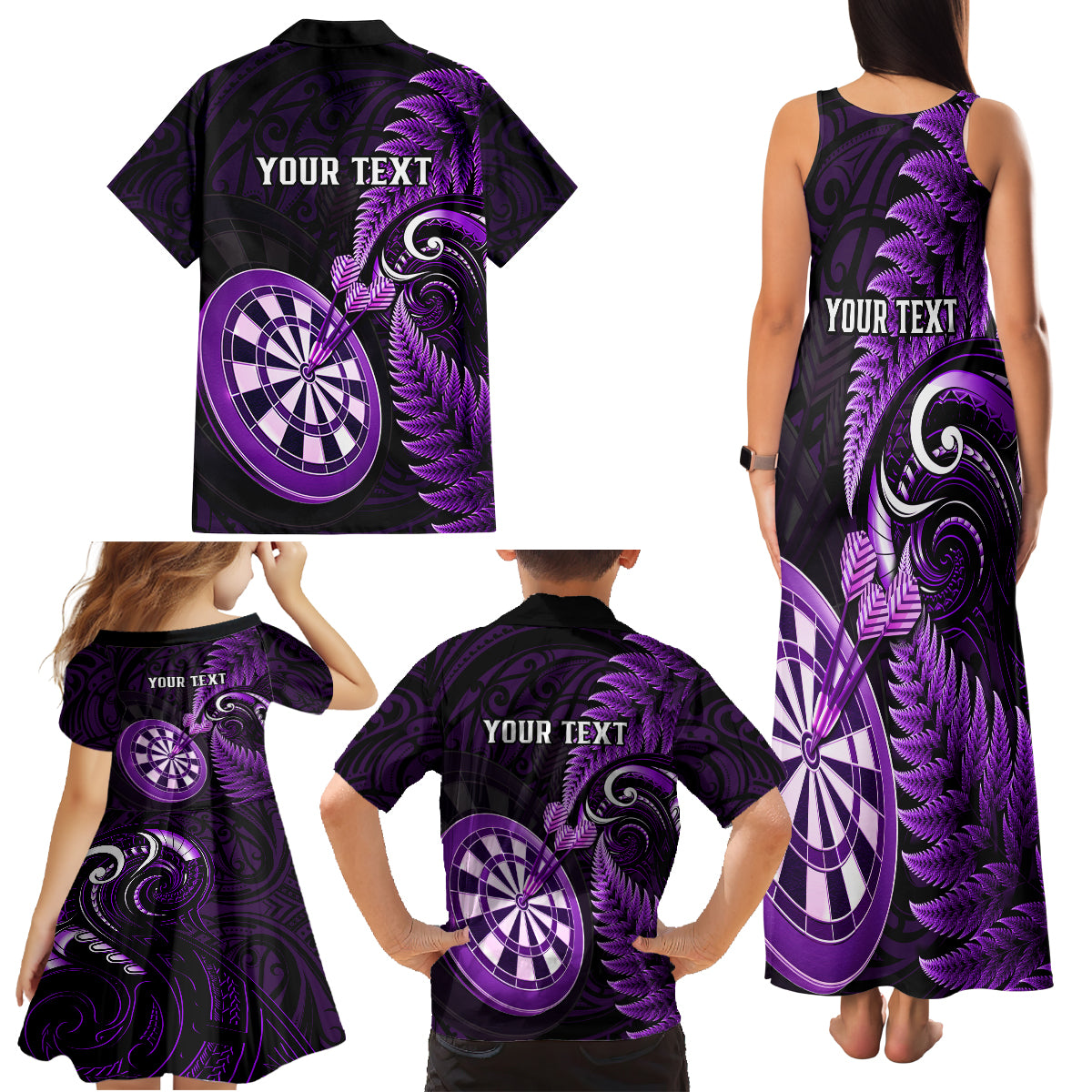 Personalised New Zealand Darts Family Matching Tank Maxi Dress and Hawaiian Shirt Happiness Is A Tight Threesome Maori Purple - Wonder Print Shop