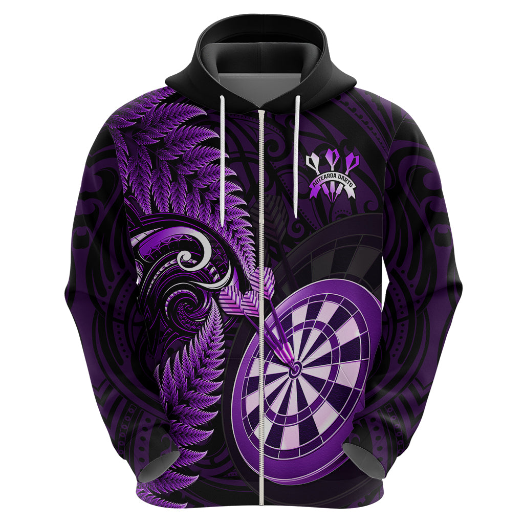 Personalised New Zealand Darts Hoodie Happiness Is A Tight Threesome Maori Purple - Wonder Print Shop