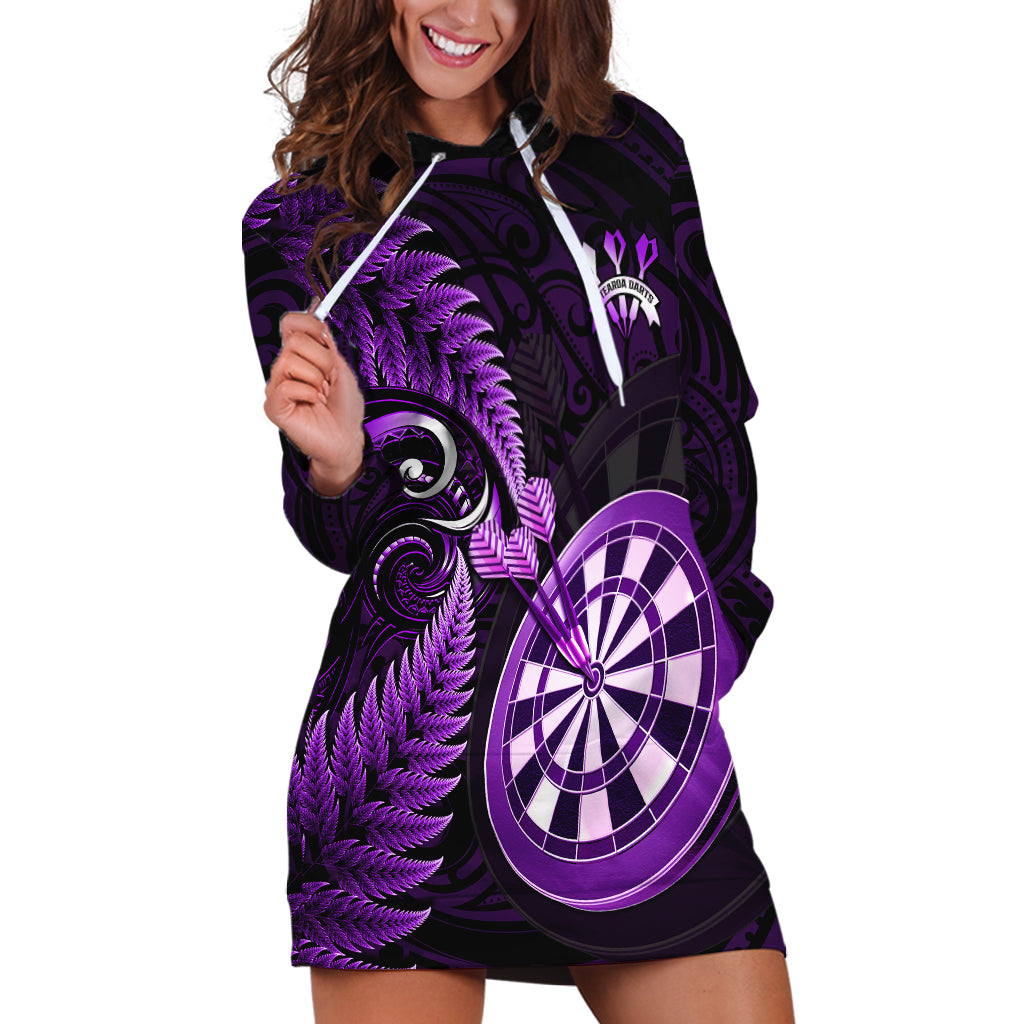 Personalised New Zealand Darts Hoodie Dress Happiness Is A Tight Threesome Maori Purple - Wonder Print Shop