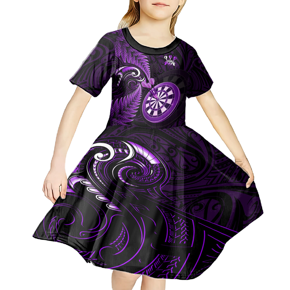 Personalised New Zealand Darts Kid Short Sleeve Dress Happiness Is A Tight Threesome Maori Purple - Wonder Print Shop