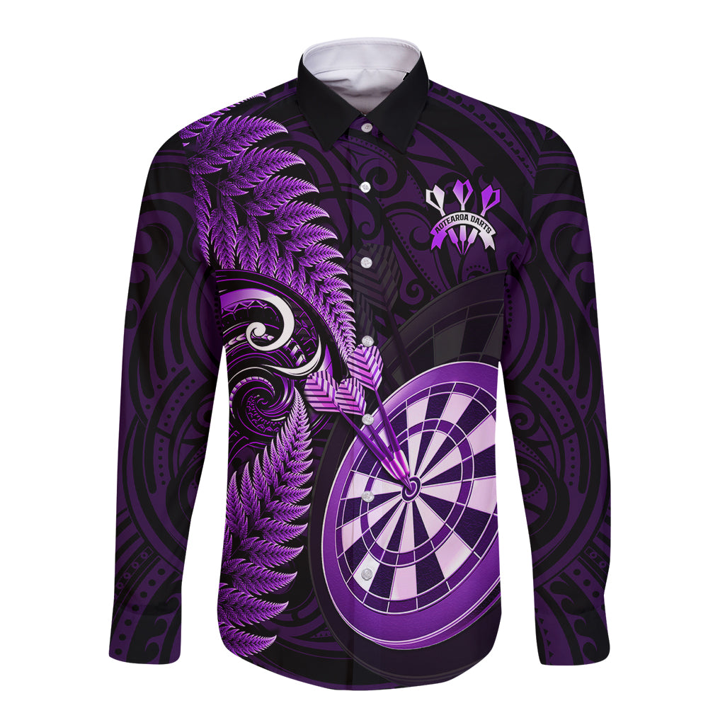 Personalised New Zealand Darts Long Sleeve Button Shirt Happiness Is A Tight Threesome Maori Purple - Wonder Print Shop
