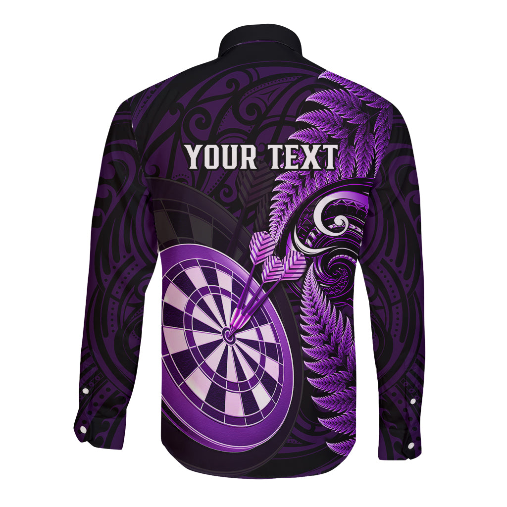 Personalised New Zealand Darts Long Sleeve Button Shirt Happiness Is A Tight Threesome Maori Purple - Wonder Print Shop
