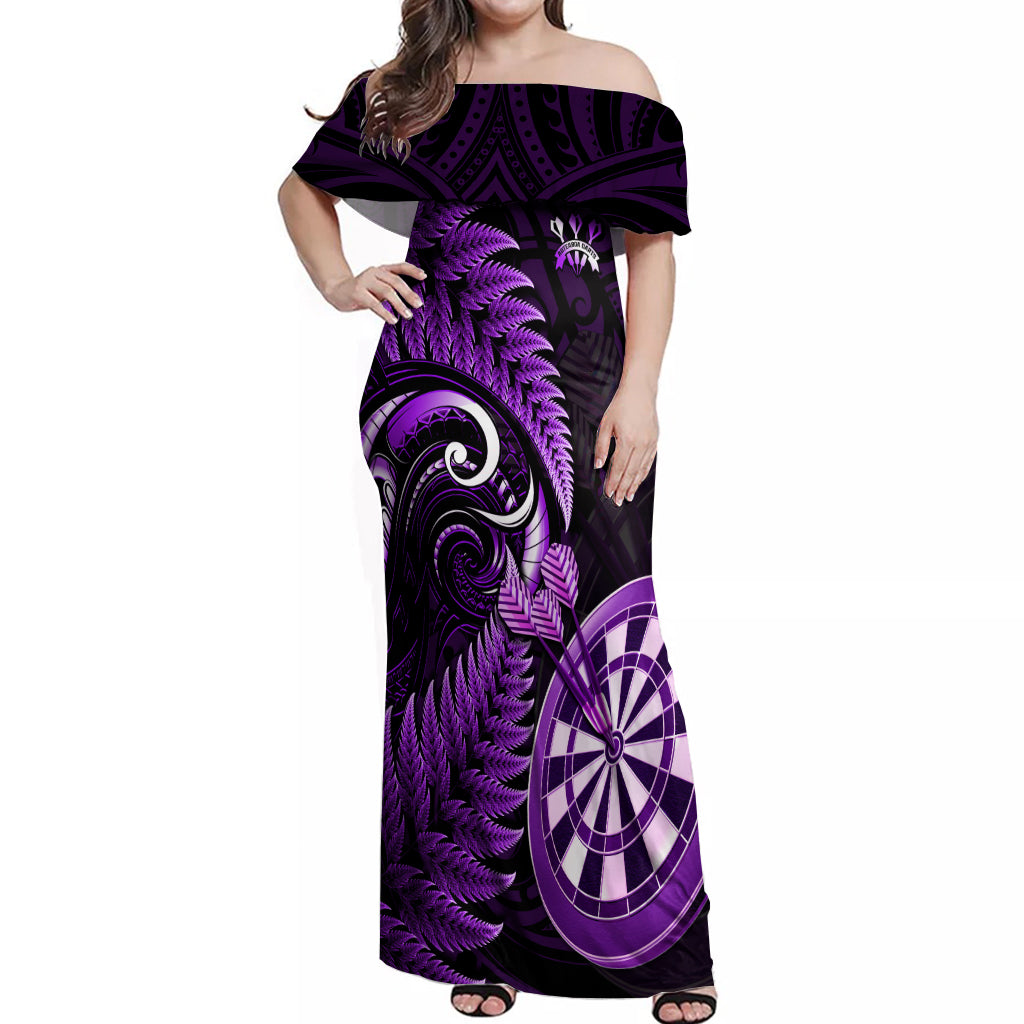 Personalised New Zealand Darts Off Shoulder Maxi Dress Happiness Is A Tight Threesome Maori Purple - Wonder Print Shop