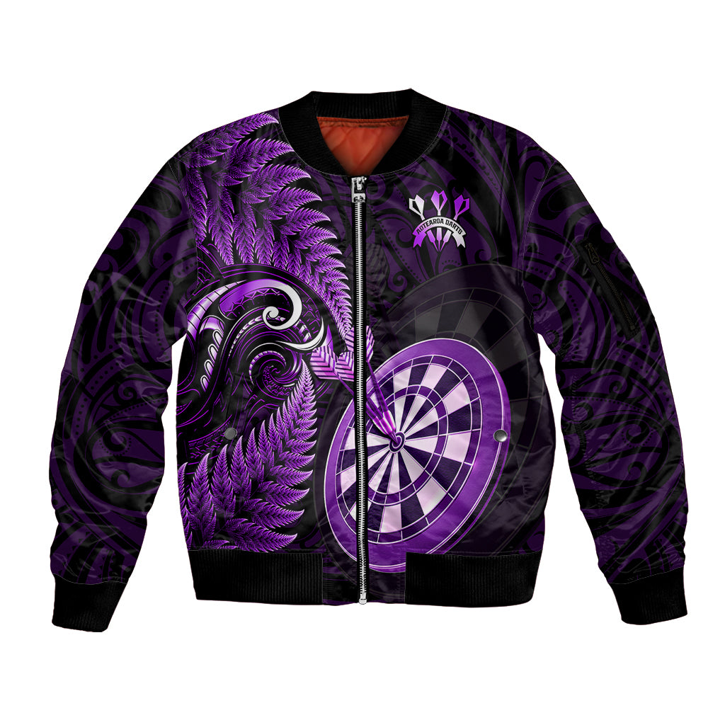 Personalised New Zealand Darts Sleeve Zip Bomber Jacket Happiness Is A Tight Threesome Maori Purple - Wonder Print Shop