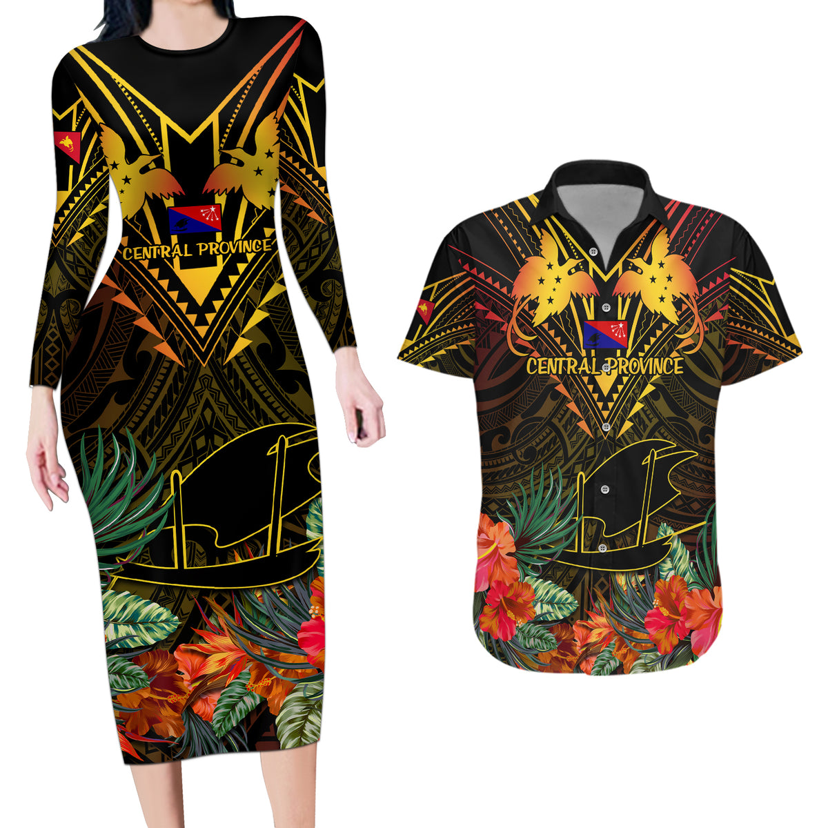 Papua New Guinea Central Province Couples Matching Long Sleeve Bodycon Dress and Hawaiian Shirt Papua Niugini Coat Of Arms With Flag Style - Wonder Print Shop