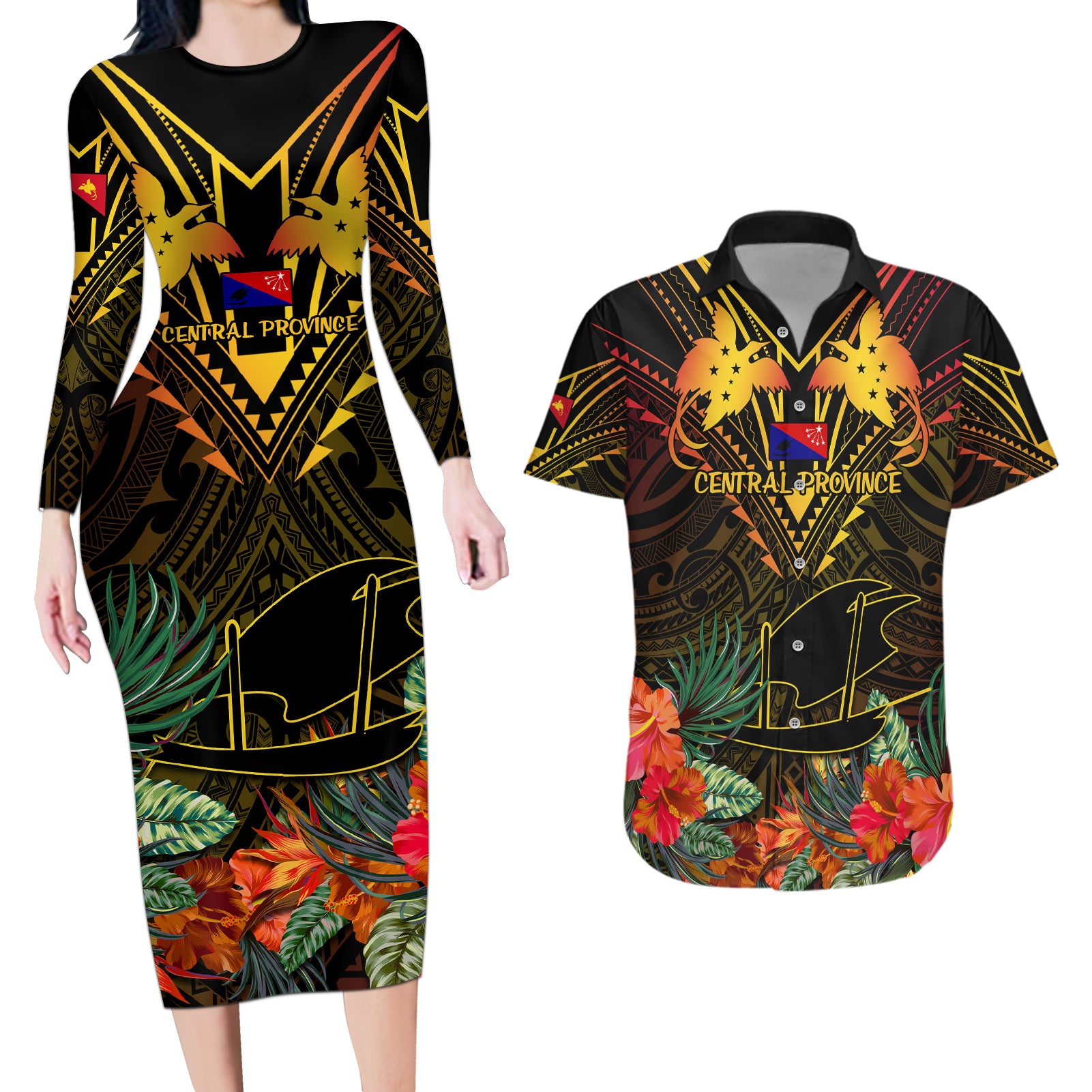 Papua New Guinea Central Province Couples Matching Long Sleeve Bodycon Dress and Hawaiian Shirt Papua Niugini Coat Of Arms With Flag Style - Wonder Print Shop