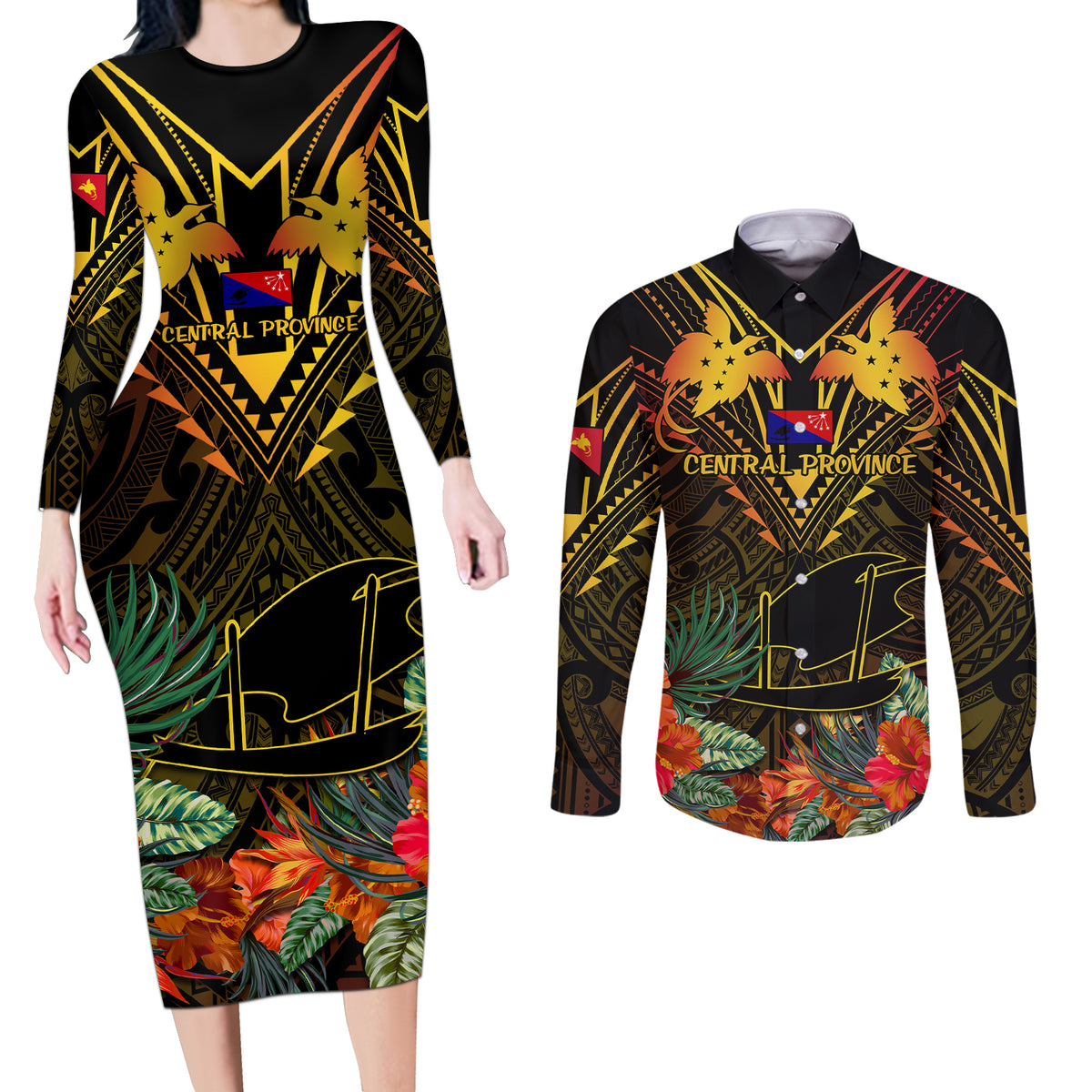 Papua New Guinea Central Province Couples Matching Long Sleeve Bodycon Dress and Long Sleeve Button Shirts Papua Niugini Coat Of Arms With Flag Style - Wonder Print Shop