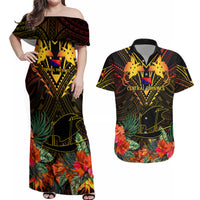 Papua New Guinea Central Province Couples Matching Off Shoulder Maxi Dress and Hawaiian Shirt Papua Niugini Coat Of Arms With Flag Style - Wonder Print Shop