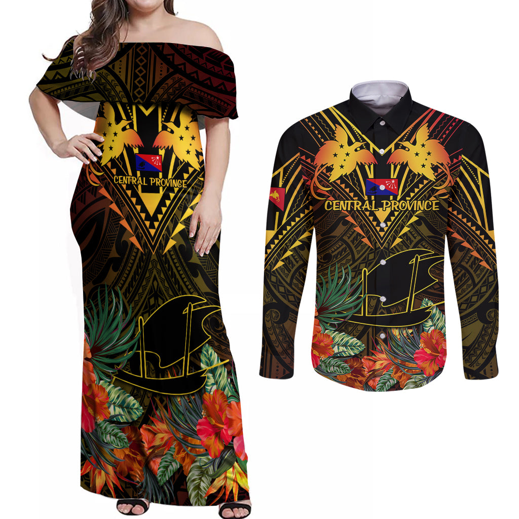 Papua New Guinea Central Province Couples Matching Off Shoulder Maxi Dress and Long Sleeve Button Shirts Papua Niugini Coat Of Arms With Flag Style - Wonder Print Shop