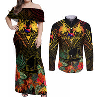 Papua New Guinea Central Province Couples Matching Off Shoulder Maxi Dress and Long Sleeve Button Shirts Papua Niugini Coat Of Arms With Flag Style - Wonder Print Shop