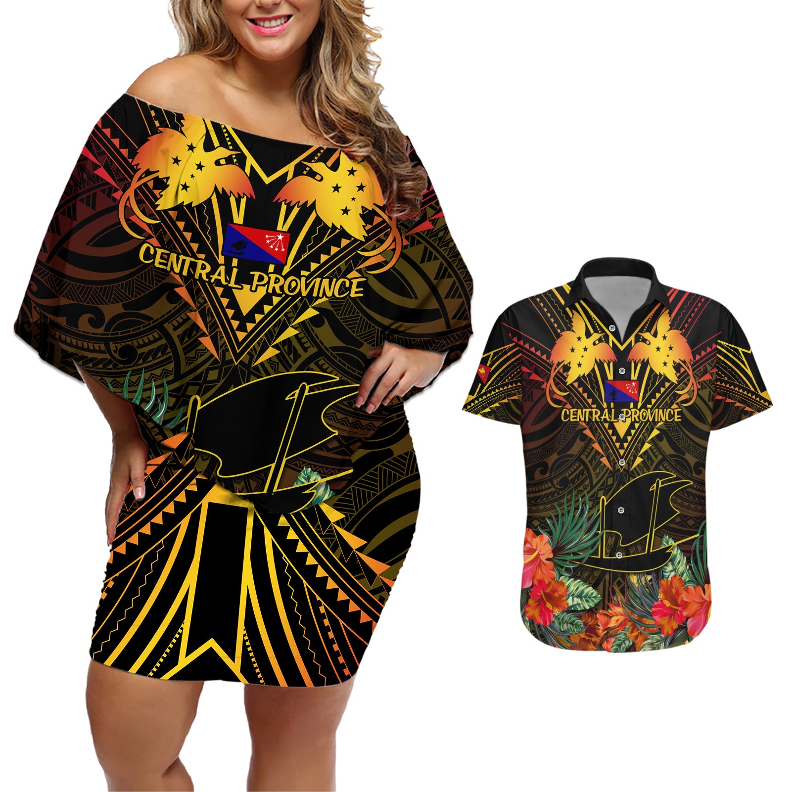 Papua New Guinea Central Province Couples Matching Off Shoulder Short Dress and Hawaiian Shirt Papua Niugini Coat Of Arms With Flag Style - Wonder Print Shop
