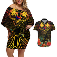 Papua New Guinea Central Province Couples Matching Off Shoulder Short Dress and Hawaiian Shirt Papua Niugini Coat Of Arms With Flag Style - Wonder Print Shop