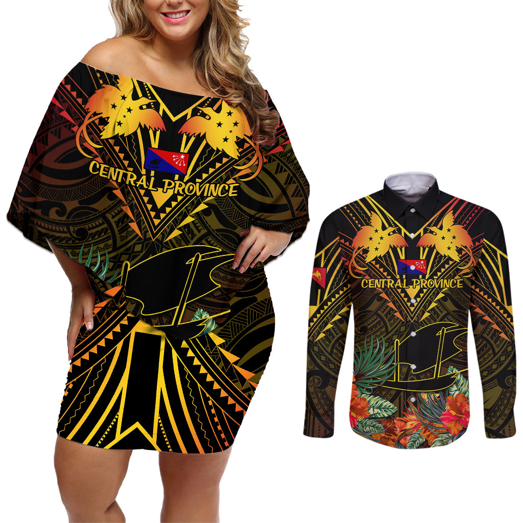 Papua New Guinea Central Province Couples Matching Off Shoulder Short Dress and Long Sleeve Button Shirts Papua Niugini Coat Of Arms With Flag Style - Wonder Print Shop