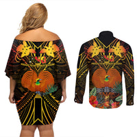 Papua New Guinea Central Province Couples Matching Off Shoulder Short Dress and Long Sleeve Button Shirts Papua Niugini Coat Of Arms With Flag Style - Wonder Print Shop