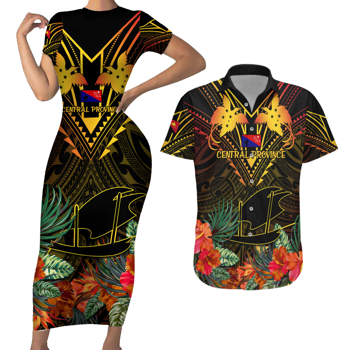 Papua New Guinea Central Province Couples Matching Short Sleeve Bodycon Dress and Hawaiian Shirt Papua Niugini Coat Of Arms With Flag Style - Wonder Print Shop