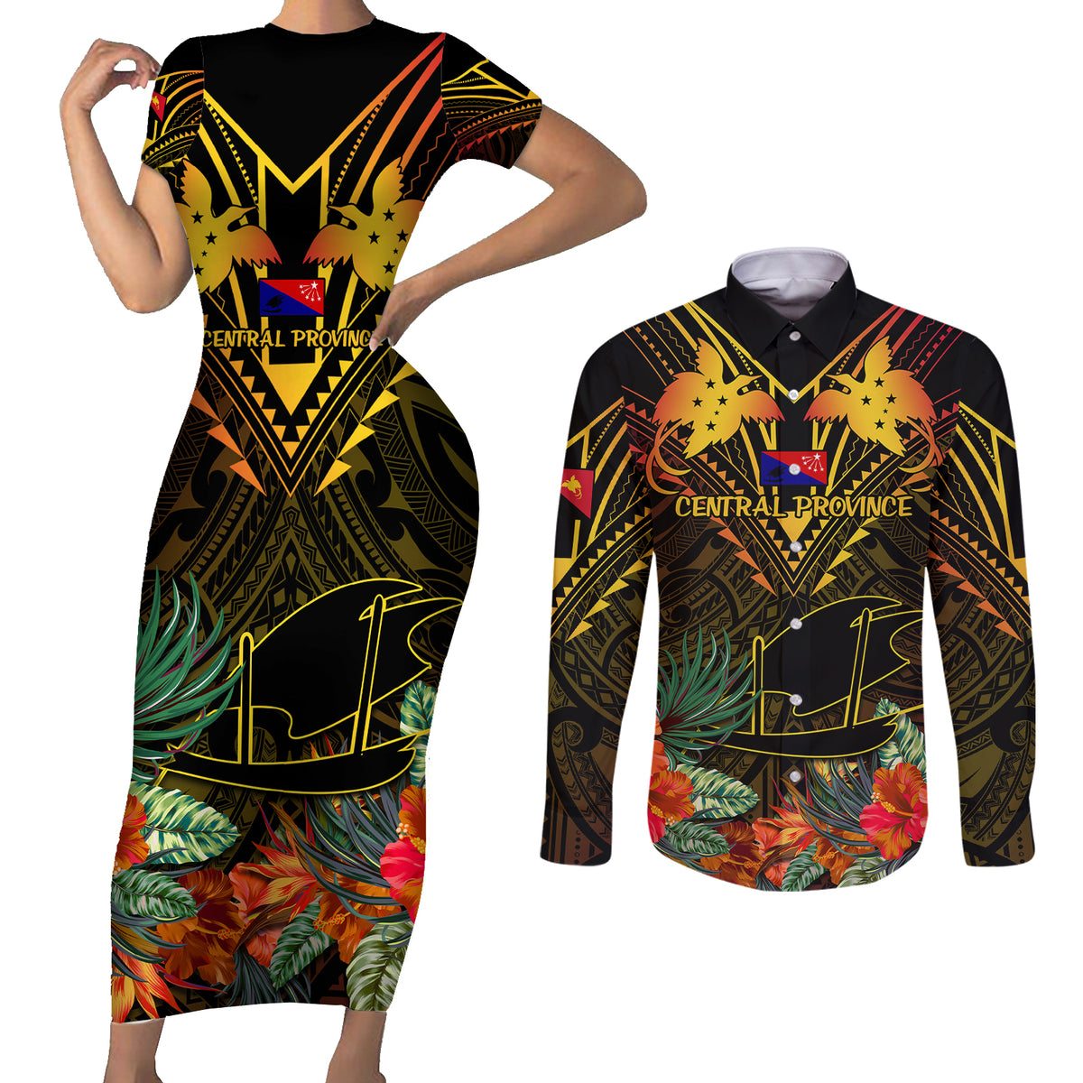 Papua New Guinea Central Province Couples Matching Short Sleeve Bodycon Dress and Long Sleeve Button Shirts Papua Niugini Coat Of Arms With Flag Style - Wonder Print Shop
