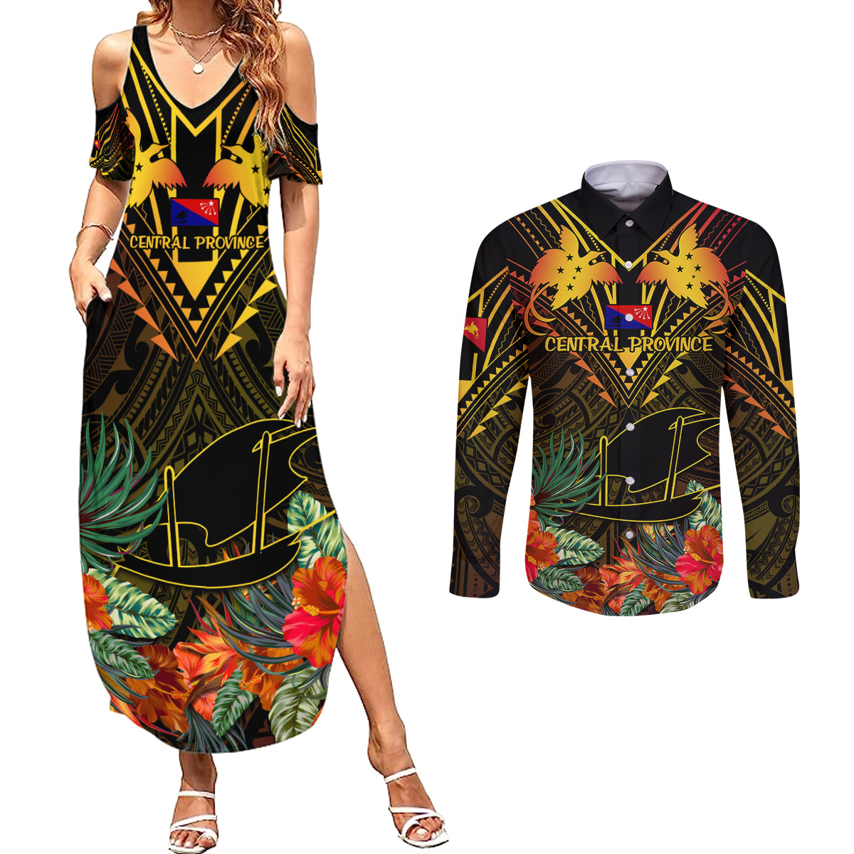 Papua New Guinea Central Province Couples Matching Summer Maxi Dress and Long Sleeve Button Shirts Papua Niugini Coat Of Arms With Flag Style - Wonder Print Shop