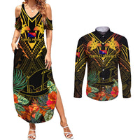 Papua New Guinea Central Province Couples Matching Summer Maxi Dress and Long Sleeve Button Shirts Papua Niugini Coat Of Arms With Flag Style - Wonder Print Shop