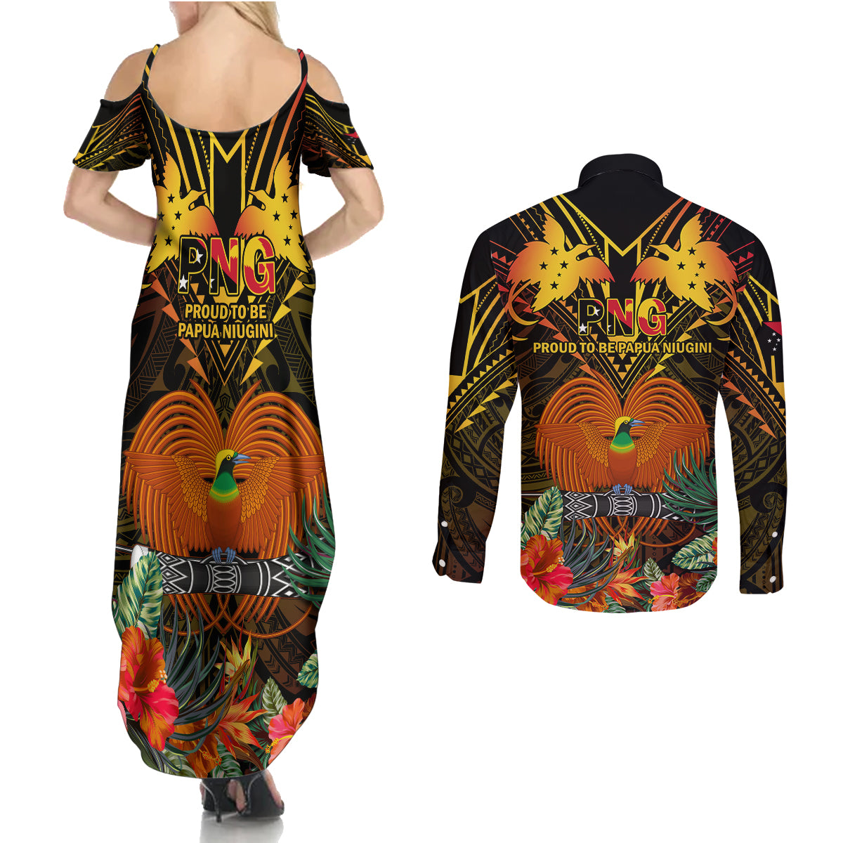 Papua New Guinea Central Province Couples Matching Summer Maxi Dress and Long Sleeve Button Shirts Papua Niugini Coat Of Arms With Flag Style - Wonder Print Shop