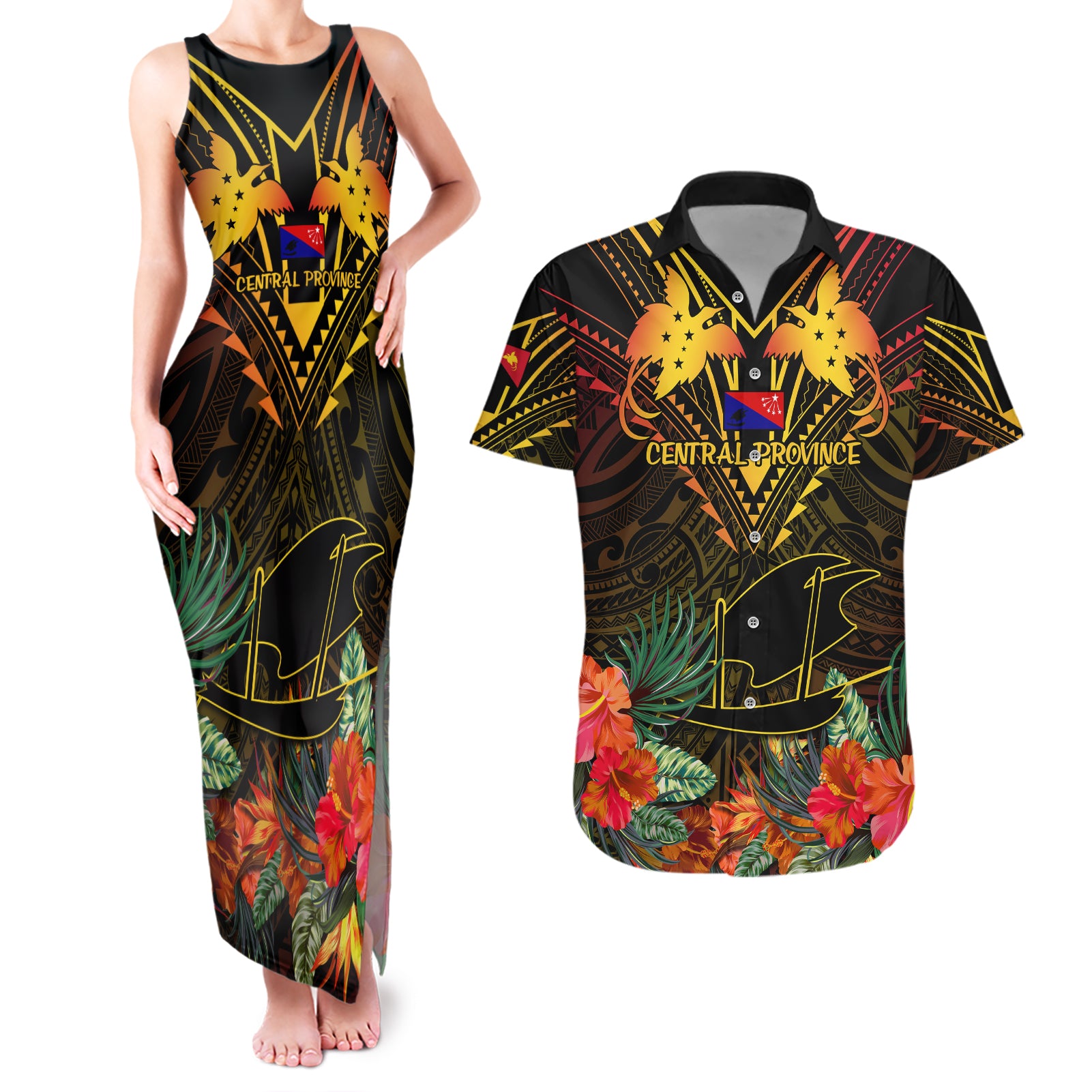 Papua New Guinea Central Province Couples Matching Tank Maxi Dress and Hawaiian Shirt Papua Niugini Coat Of Arms With Flag Style - Wonder Print Shop